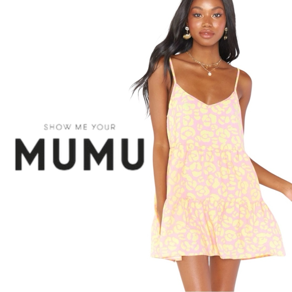 Show Me Your MuMu Caroline Mini Dress Lemonade Cheetah Pink Yellow M